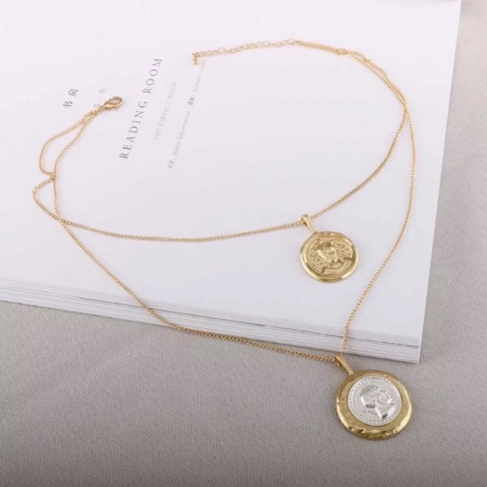 Coin Pendant Vintage Double Chain Layered Necklace - Picture 9 of 9